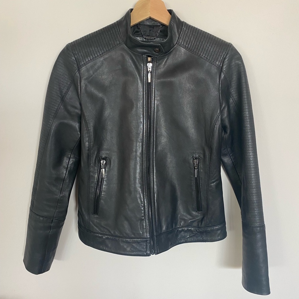 Bernardo Black Leather Motorcycle Jacket with Quilted Details